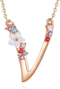 Flower Initial Letter Necklace Pink Red Blue Simulated Pearl Pendant Name Jewelry Made with Austrian Crystals Rose Gold Plated Anniversary Birthday Gifts for Women,18"+2"