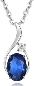 FANCIME 14K Solid White Gold Oval Gemstone Necklace with Diamond Pendant Gifts for Mom Women,16"+2" Inches