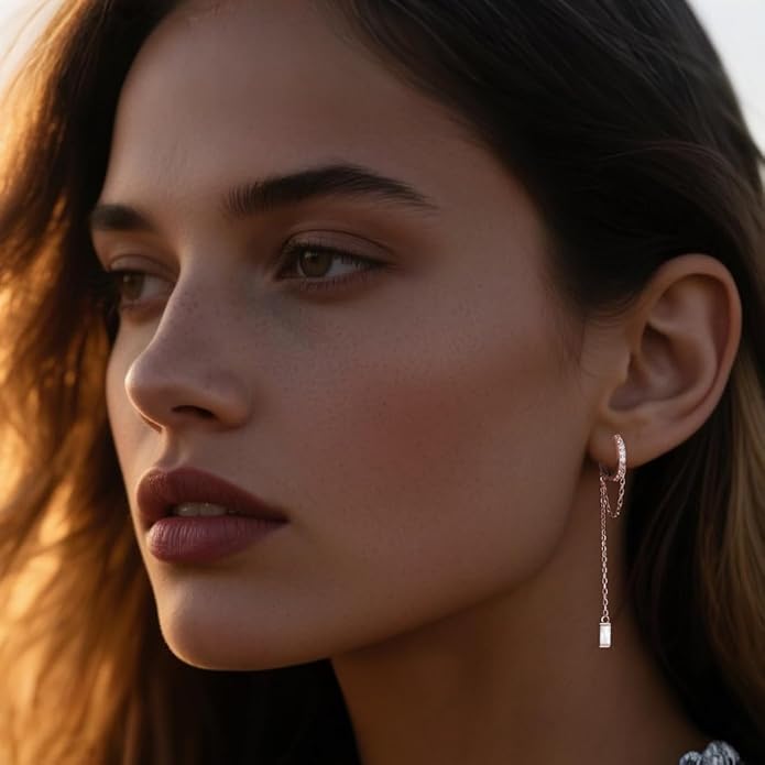 Reffeer 925 Sterling Silver CZ Chain Hoop Earrings Dangle for Women Teens Dangle Earrings Chain Drop Earrings Huggie