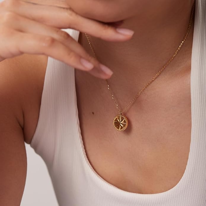 IBARA Women Gold Dianty Necklace Sun Crescent Moon Star Evil Eye Lock Lovely Heart Flower Butterfly Pearl Pendant Coin Necklaces 18K Gold CZ Diamond Filled Chain Boho Beach Simple Handmade Jewelry