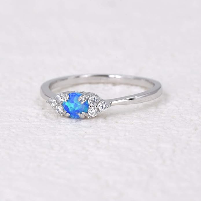 espere Sterling Silver Halo Opal Stacking Ring Simple Dainty Gold Ring Opal Ring Birthstone Ring 4-10