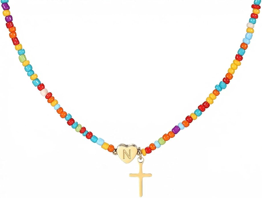 Colorful Initial Cross Necklace for Girls Women Kids - Teen Girls Gifts Trendy Stuff Beaded Letter Cross Choker Necklace for Girls Gifts Jewelry