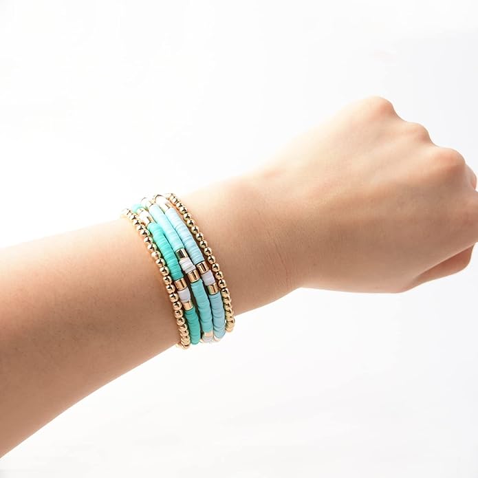 GOOJIDS Surfer Heishi Clay Bead Bracelets for Women Bohemian Stackable Gold Plated Beaded Stretch Bracelets Elastic Layering Friendship Bracelets Set Boho Jewelry