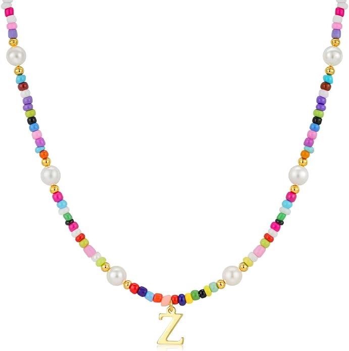 M MOOHAM Valentines Day Gifts for Kids Teen Girls - Colorful Initial Necklaces for Girls Women Kids, Beaded Pearl Choker Necklace for Women Trendy, Birthday Gifts Teenage Girl Teen Kid Jewelry