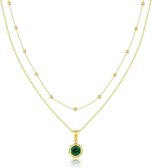 14K Gold-Plated Women's Double-Layer Birthstone Necklace Delicate Round Birthstone Pendant with a Simple Necklace, a Birthday Gift for Women Teenage Girls