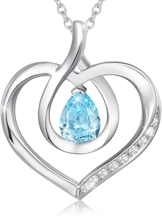 AGVANA Valentines Day Gifts Heart Birthstone Necklace for Women Sterling Silver Genuine or Created Gemstone Forever Love Pendant Necklace Fine Jewelry Anniversary Birthday Gifts for Women Mom Wife