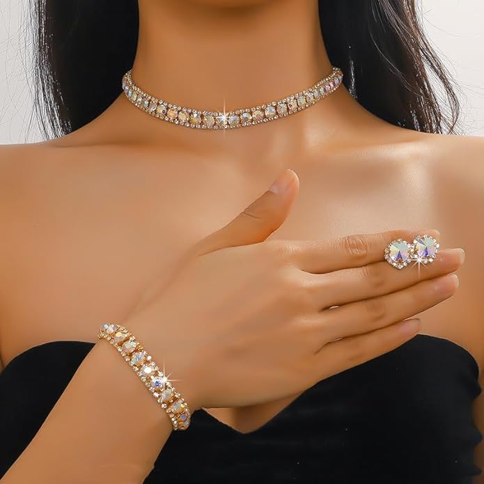 Women Rhinestone Crystal Jewelry Set Crystal Tennis Design Rhinestone Choker Necklace Link Bracelet Teardrop Earrings Set Wedding Bridal Bridesmaids Party