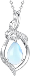 FANCIME Teardrop Gemstone Necklace for Women S925 Sterling Silver Elegant Ribbon Pendent Birthday Gifts for Her, 16"+2" Inches