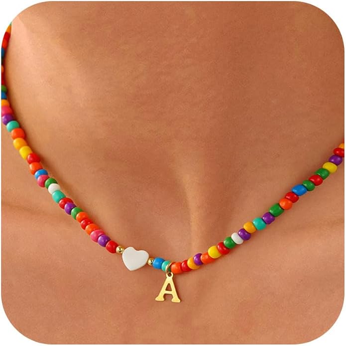 Valentines Day Gifts for Kids Women Girls - Colorful Beaded Initial Necklace Teen Girls Trendy Stuff Dainty Letter A-Z Choker Necklace Valentines Day Gifts for Her Mom Jewelry
