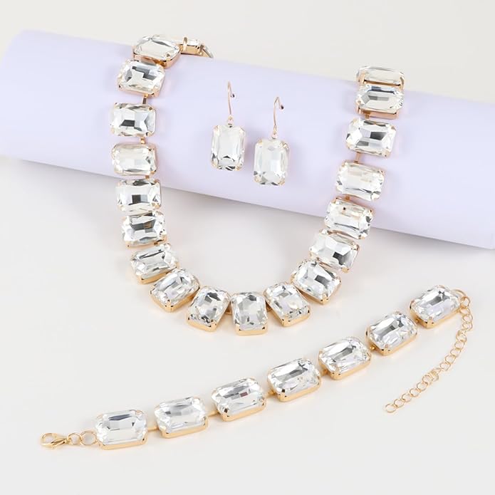 KOSMOS-LI Rectangle Faux Crystal Jewelry Sets Includ Necklace Bracelet Earrings For Women Stocking Stuffers