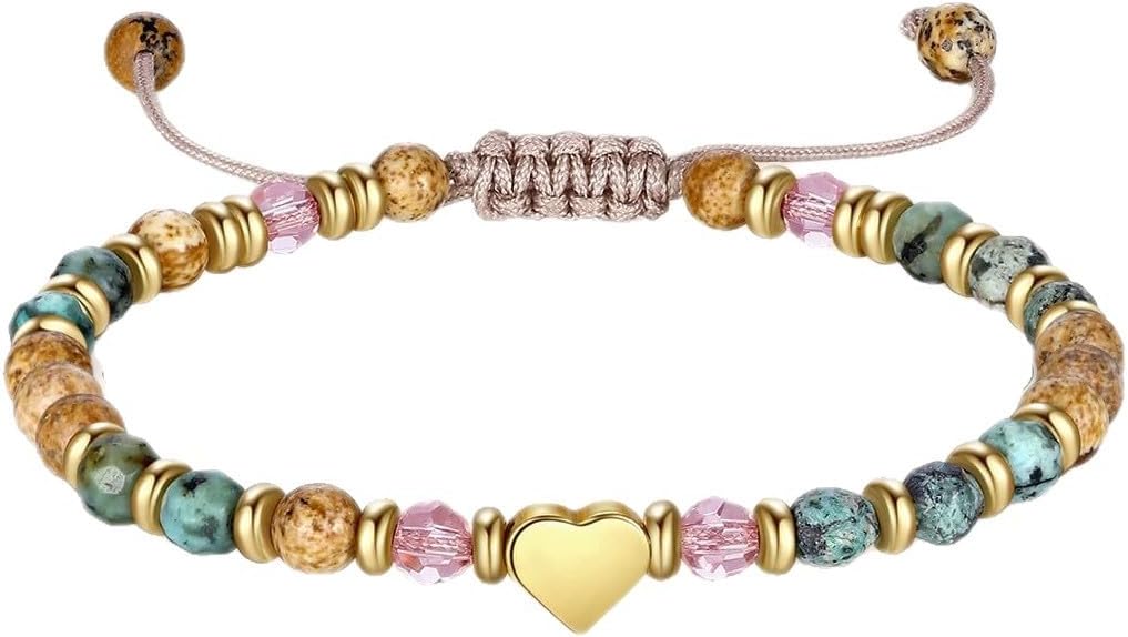 Natural Stone Heart Charm Bracelet - Adjustable Beaded Jewelry for Women, Thinking of You Gift.