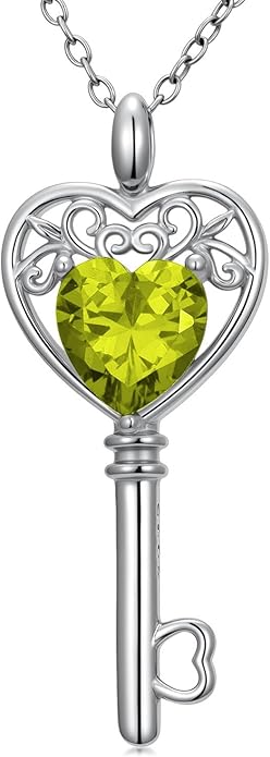 WSX Heart Key Birthstone Necklace for Women 925 Sterling Silver Love Key Pendant with Birthstone Valentine's Day Anniversary Jewelry Gift for Her