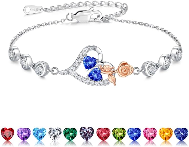 Iefil Valentines Day Gifts for Her - 925 Sterling Silver Rose Heart Birthstone Bracelets, Anniversary Birthday Gifts for Women Wife Mom Daughter, 6"+2"