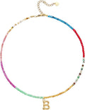 Beaded Initial Necklace for Women, Boho Natural Stone Semi-Precious Stone 18K Gold Plated Letter Pendant Rainbow Colorful Trendy Alphabet Dainty Choker Jewelry for Women Summer Beach Party
