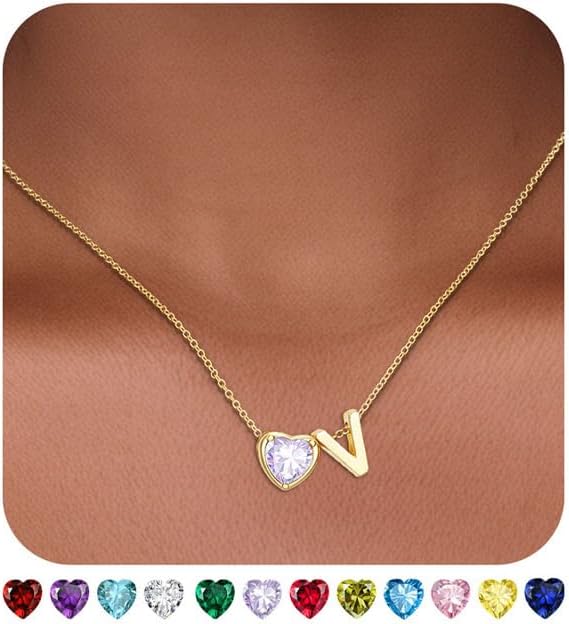 Valentines Day Gifts for Her- Heart Birthstone Initial Necklace for Women Girls,14K Gold Plated Heart Letter A-Z Necklace Birthday Trendy Jewelry Gifts for Women Girls Daughter