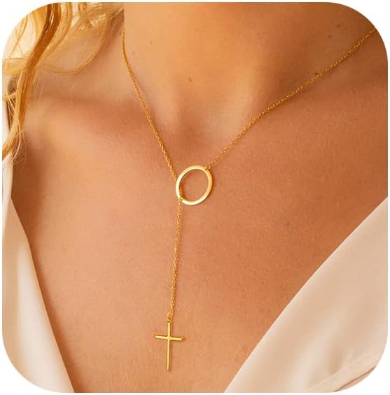 Luxval Lariat Gold Necklace for Women, Dainty Long Necklace 14k Gold Plated/Silver Y-Shaped Pendant Necklaces Trendy Beaded Chain Drop Necklaces Jewelry for Women Gifts