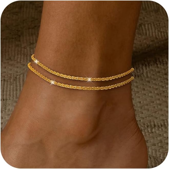 Risamil 14K Gold Plated Ankle Bracelets for Women, Anklets for Women Waterproof Layered Ankle Bracelets for Women Teen Girl Herringbone Anklet Set Summer Foot Jewelry Gifts