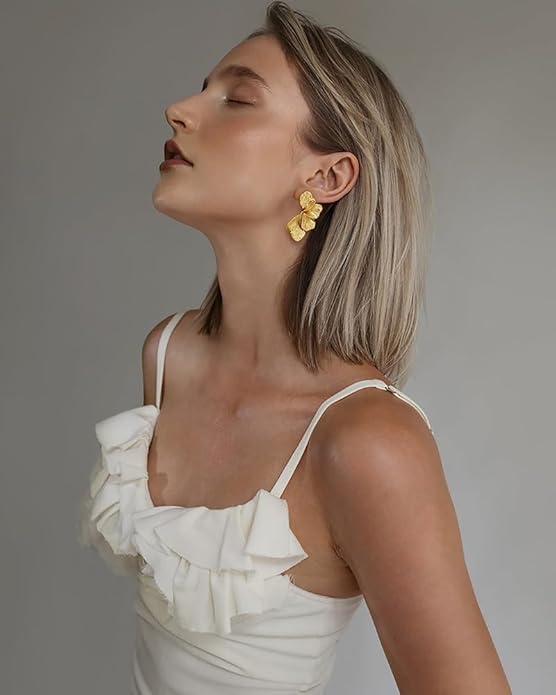 Chunky Gold Statement Earrings For Women Gold Plated Sectored Flower Leaf Shell Angel Wing Earrings Trendy Boho Jewelry For Women Large Stud Earrings Hypoallergenic Earrings