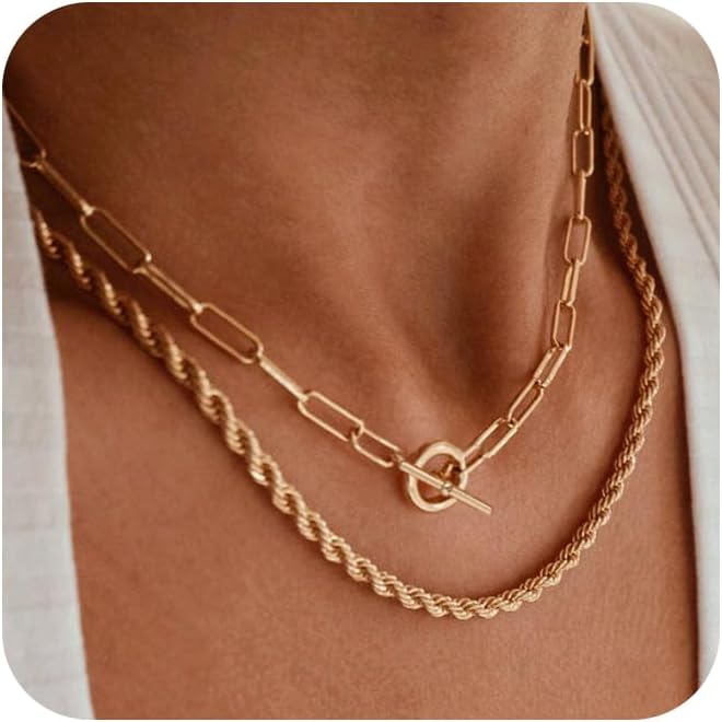 CHESKY Layered Necklaces for Women, 14K Gold Plated Chain Necklace Women Trendy Cuban Link Paperclip Chain Toggle Clasp Necklace Fashion Chunky Jewelry for Women