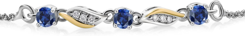 Gem Stone King 3-Stone Adjustable Bracelet for Women | 925 Silver and 10K Yellow Gold | Gemstone Birthstone and Lab Grown Diamond | Round 3MM | Two-Tone Adjustable Tennis Bracelet Up to 9 Inch