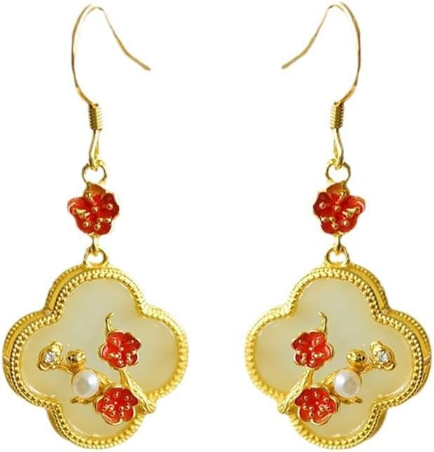 14K Gold over S925 Real Natural Jade Plum Blossom Earrings, Enamel Vintage Style Dangle Earrings, Delicate Jade Jewelry Gift for Wife's Elegance