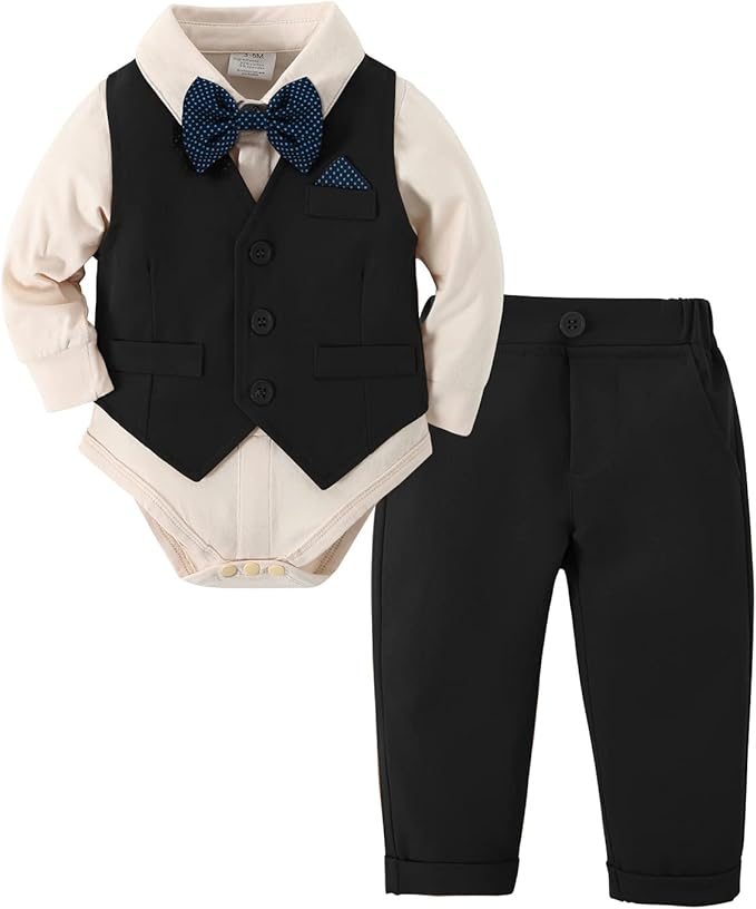 DISAUR Baby Boy Clothes Toddler Boy Outfits 4PCS Gentleman Dress Romper/Vest/Pants/Bow Tie Cotton Suit Sets