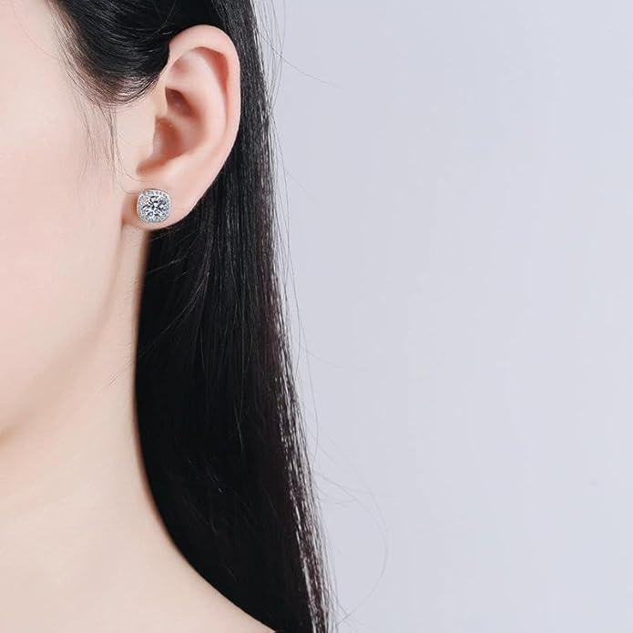 14K Gold 1/2 Carat Diamond Square Necklace & Stud Earrings Set, Micro-Pave Design Two-Piece Jewelry Set, Great for Women Birthday Gifts