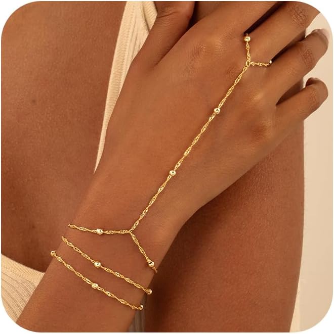 CHESKY 14K Gold Plated Hand Chain Bracelets for Women Set - Dainty Finger Ring Bracelet Stack Adjustable Hand Chains Durable Beaded Bracelets Trendy Simple Body Jewelry Gift for Women