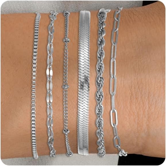 Silver and Gold Bracelets for Women Non Tarnish Waterproof Gold bracelet stack set, Adjustable 6.5"+2" Extender, Layered Bracelets for Women，Exquisite Jewelry Gift