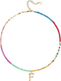 Beaded Initial Necklace for Women, Boho Natural Stone Semi-Precious Stone 18K Gold Plated Letter Pendant Rainbow Colorful Trendy Alphabet Dainty Choker Jewelry for Women Summer Beach Party
