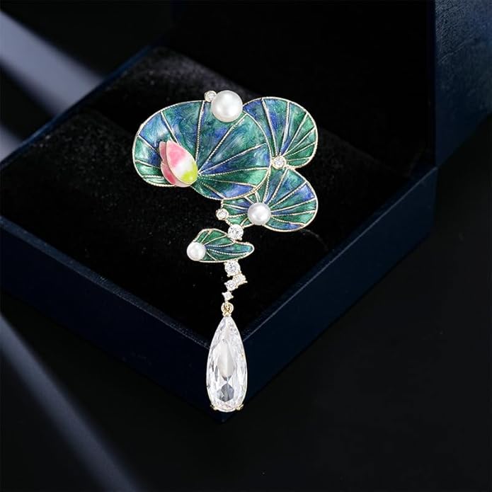 14K Gold Handmade Enamel Water Lily Brooch, Freshwater Pearl Pendant, Elegant Design for Cheongsam, Coats and Chinese Style Outfits