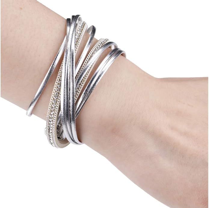 Fesciory Leather Wrap Bracelets for Women, Boho Leopard Multi-Layer Crystal Beads Cuff Bracelet Jewelry