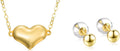 SISGEM Real 14k Yellow Gold Heart Necklace and 18k Gold Ball Earrings Set for Women