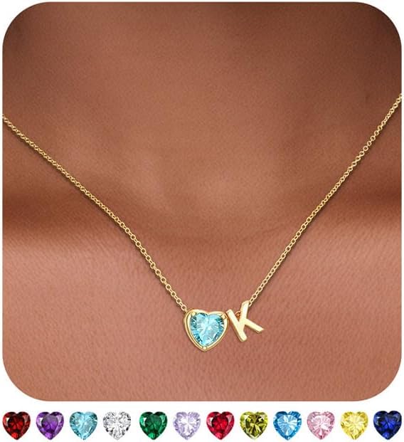 Valentines Day Gifts for Her- Heart Birthstone Initial Necklace for Women Girls,14K Gold Plated Heart Letter A-Z Necklace Birthday Trendy Jewelry Gifts for Women Girls Daughter