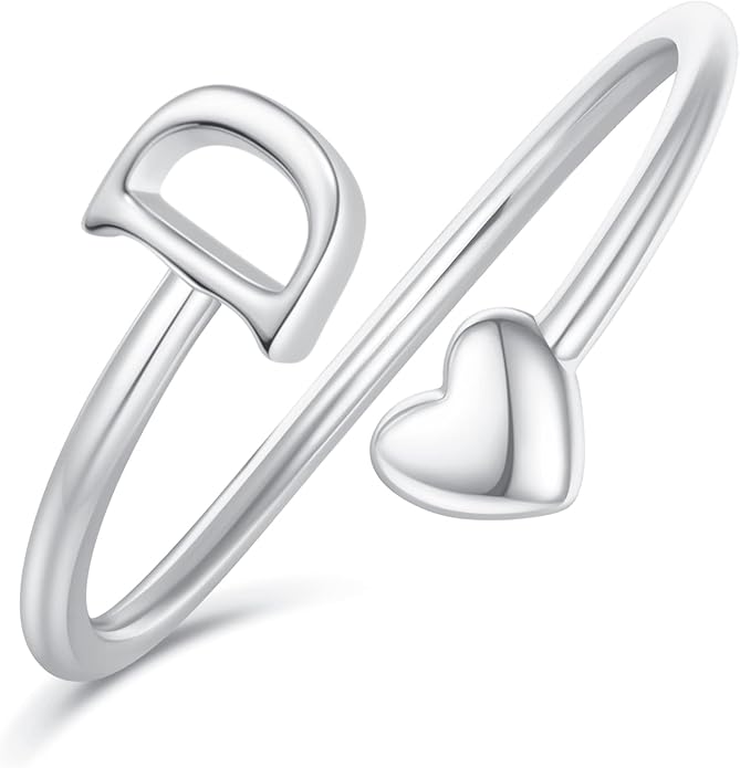 Initial Rings for Women Girls - Valentines Day Gifts for Her, Adjustable Rings for Women Non Tarnish Letter A-Z Dainty Heart Ring Teen Girls Gifts Trendy Stuff Personalized Jewelry Gift
