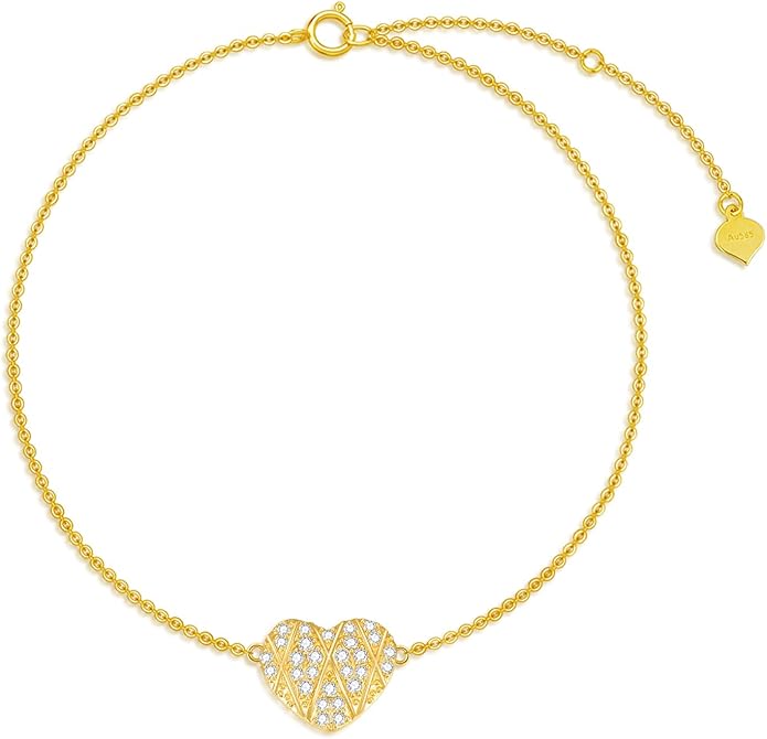 SISGEM 10k Gold Created Moissanite Heart Anklets for Women, love Ankle Bracelet Gifts for Her, 9.4-11.0 Inches