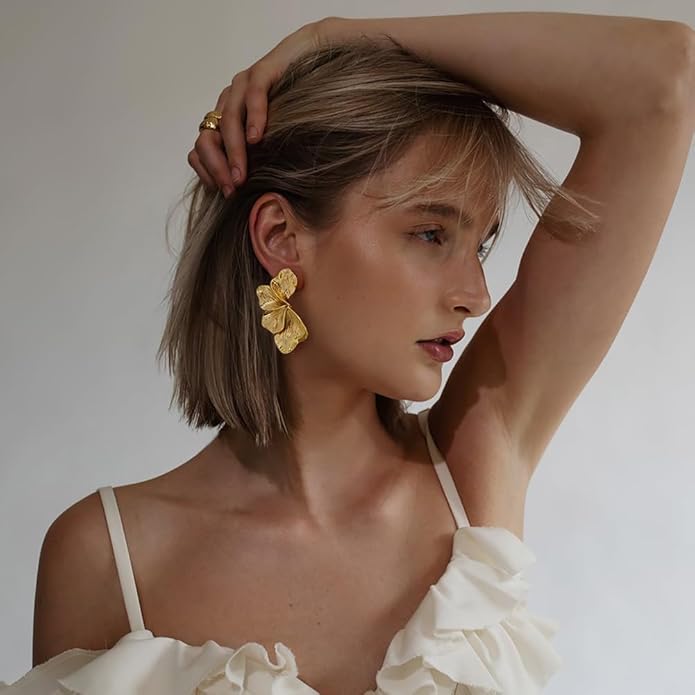Chunky Gold Statement Earrings For Women Gold Plated Sectored Flower Leaf Shell Angel Wing Earrings Trendy Boho Jewelry For Women Large Stud Earrings Hypoallergenic Earrings