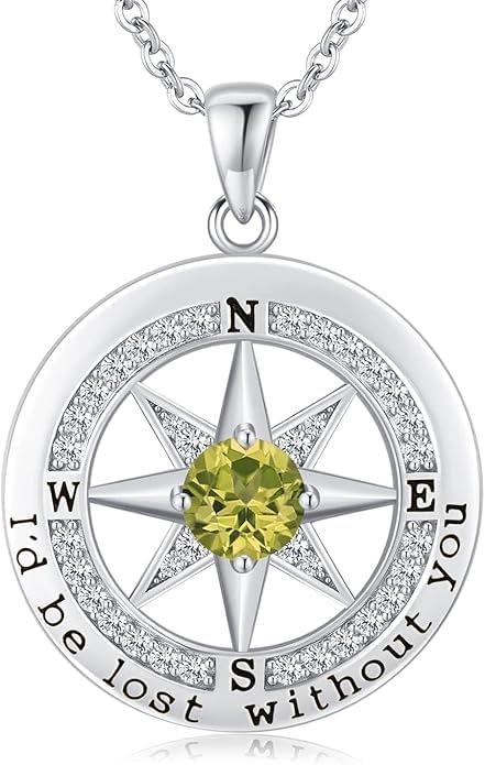 Compass Necklace for Women Wife Girlfriend Mom Daughter Gifts S925 Sterling Silver Jewelry For Anniversary Rose Gold Gifts For Birthday Christmas Mothers Valentines Day 12 Birthstones