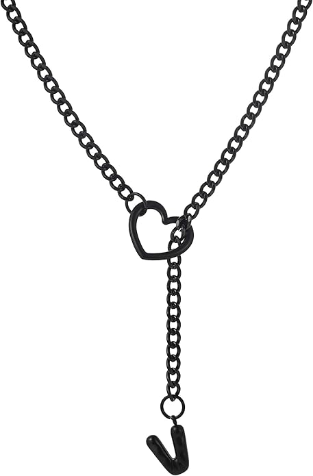 Black Heart Slip Chain Initial Necklaces for Women,Stainless Steel O-Ring Adjustable Lariat Heart Y-Necklace,Punk Gothic Cuban Collar Choker Necklace for women