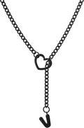 Black Heart Slip Chain Initial Necklaces for Women,Stainless Steel O-Ring Adjustable Lariat Heart Y-Necklace,Punk Gothic Cuban Collar Choker Necklace for women