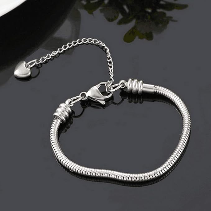 TGLS Women European Charm Bracelet Stainless Steel 3mm Snake Chain Bracelet Fits Standard Charms Bead 9"+2.35" Chain