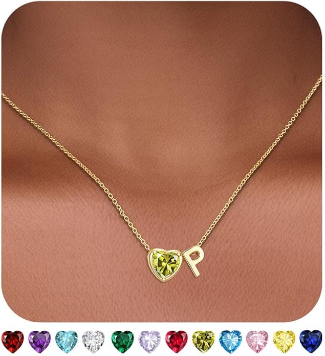 Valentines Day Gifts for Her- Heart Birthstone Initial Necklace for Women Girls,14K Gold Plated Heart Letter A-Z Necklace Birthday Trendy Jewelry Gifts for Women Girls Daughter