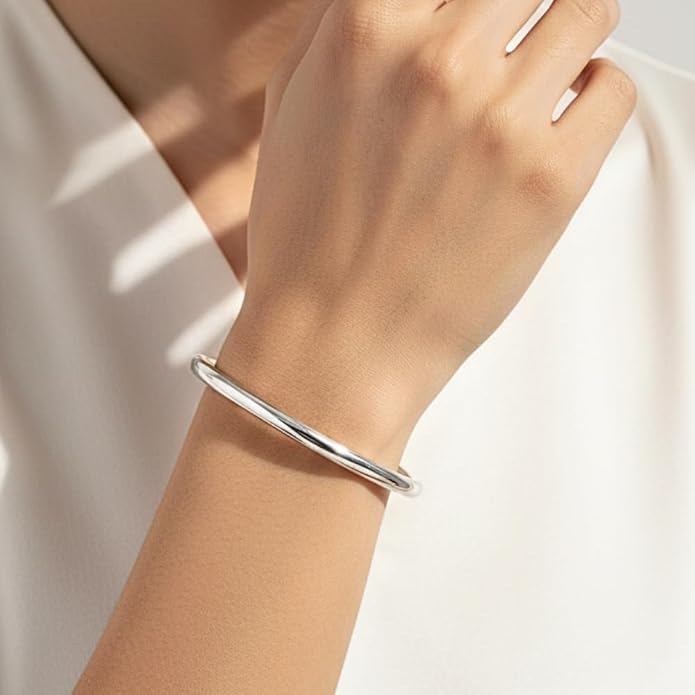 Classic 4mm Plain Bangle Bracelet for Women, 7.5 Inch, 14K Yellow Gold Plated Sterling Silver, Secure Hinge Lock, Gift for Her