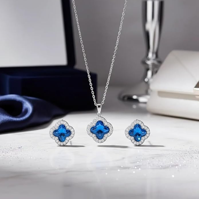 Four Leaf Clover Necklace and Earrings Set for Women, Clover Jewelry Set with Pendant Necklace and Stud Earrings, Brilliant Cubic Zirconia, Polished Metal Setting, Hypoallergenic, & Lightweight