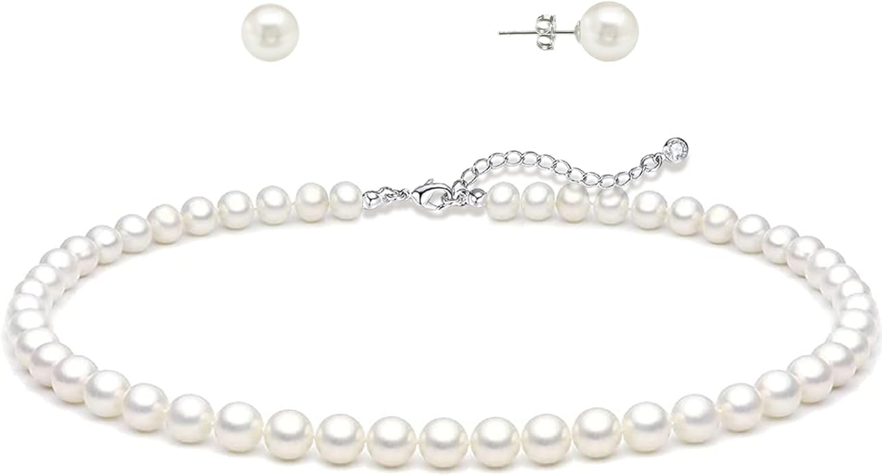 Zeffy Pearl Necklace 4MM/6MM/8MM Dainty Round Imitation Pearl Choker Necklace Wedding Pearl Necklace Delicate Jewelry for Women Simple Bridesmaid Jewelry Gifts