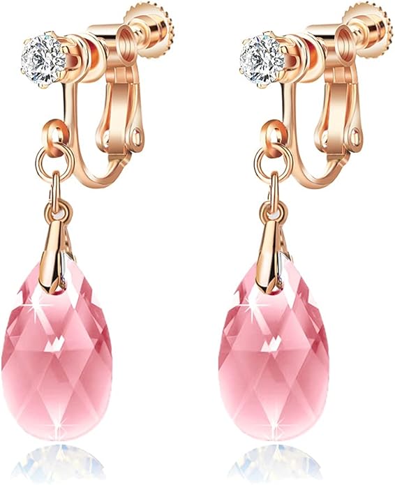 Teardrop Austrian Crystal Drop Clip On Dangle Earrings for Women Non Pierced 14K Rose Gold Plated Hypoallergenic Jewelry