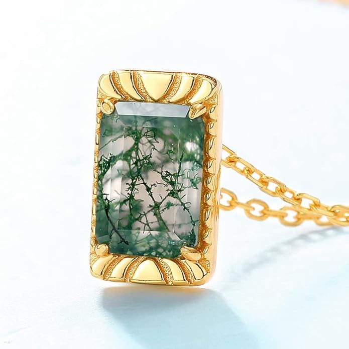 14K Gold Geometric Teardrop Moss Agate Pendant, Vintage Style Collarbone Necklace, Artisan-Crafted Fine Jewelry for Everyday Wear