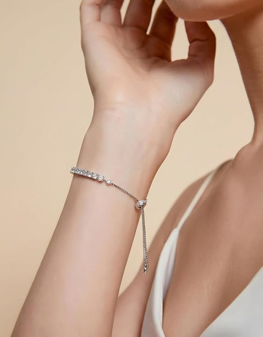 KRKC&CO Moissanite Bolo Tennis Bracelets for Women, 1.6-8.0 ct.tw, Adjustable Length S925 Sterling Silver, Christmas Gifts for Her, Luxury Box, 2/3/4mm D Color VVS1 White/14K/24K/Rose Gold Plated