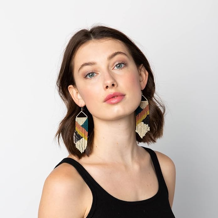 INK+ALLOY Beaded Earrings for Women Dangling, Emilie Seed Bead Long Fringe Statement Boho Earrings, Hypoallergenic Handmade Jewelry for the Modern Bohemian, 4.5-Inch