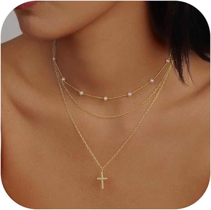 Evabelle Gold Layered Necklace for Women Trendy Jewelry 14K Real Gold Plated Chunky Chain Stackable Necklaces Dainty Choker Necklaces Rectangle Square Pendant